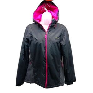 Columbia Thermal Coil Hooded Jacket Women Small. Black/ Pink. Full Zippers.....